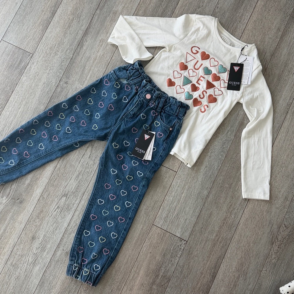 Guess Heart Print Top and Denim Pants Set